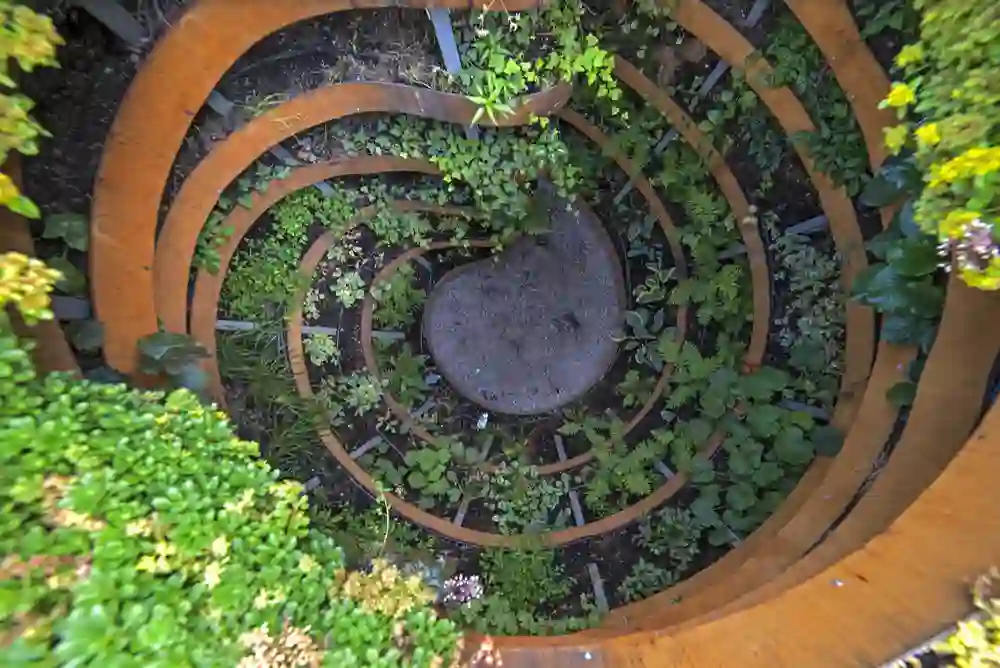 Detail of the planted wooden shelves of The Infinite Green.