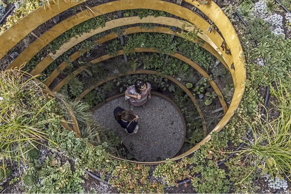 Visitors seen from above inside The Infinite Green.