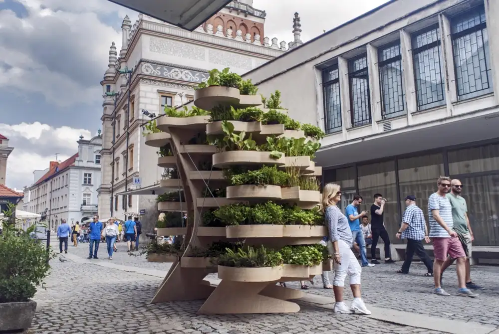 Green City Furniture planted structure in a public square.